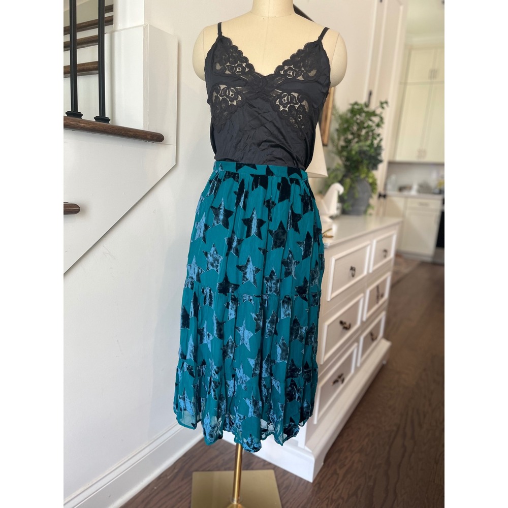 Celestial Grunge Fairy Whimsigoth Y2K Star‎ Print Tiered Velvet Midi Skirt XS